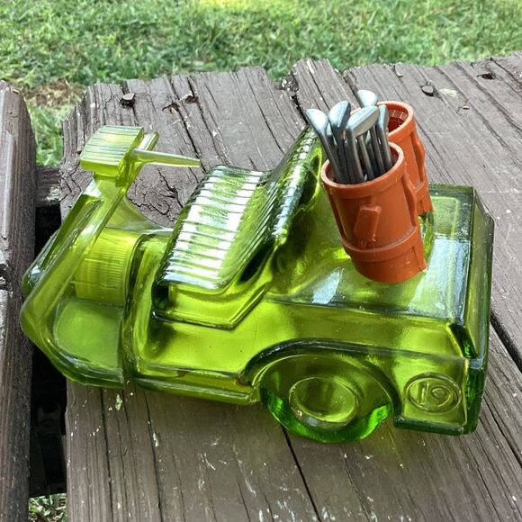 Vintage Golf Cart Decanter Green Glass Liquor Empty‎ Bottle Golf Clubs 19th Hole - Picture 3 of 5